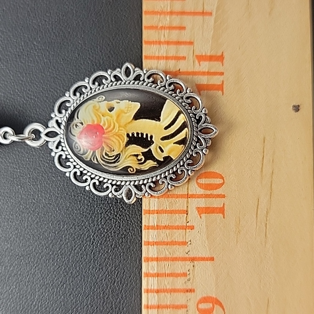 21" Silver Tone Lady Skeleton Cameo Death Pendant Necklace Goth Punk - Picture 8 of 10